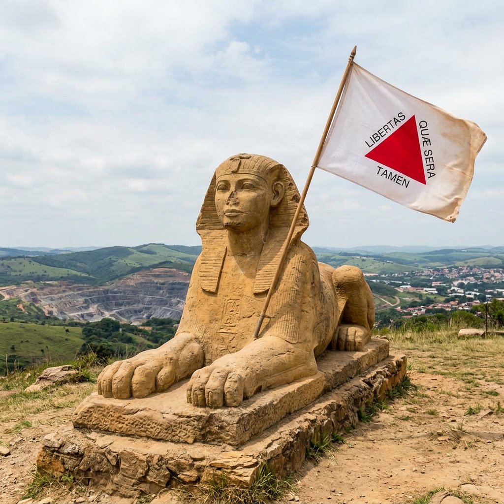 Stone sphinx statue holding white flag with red triangle and words Libertas Quæ Sera Tamen