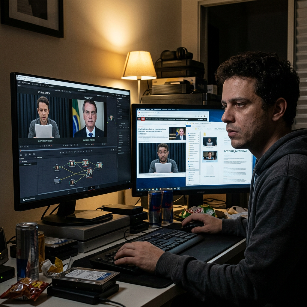Man editing video and researching misinformation on dual computer monitors