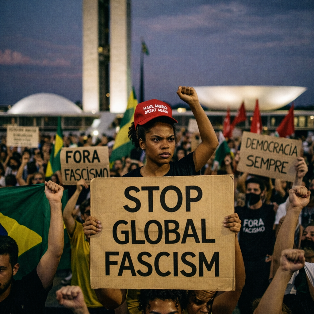 Person wearing MAGA hat referencing global fascism
