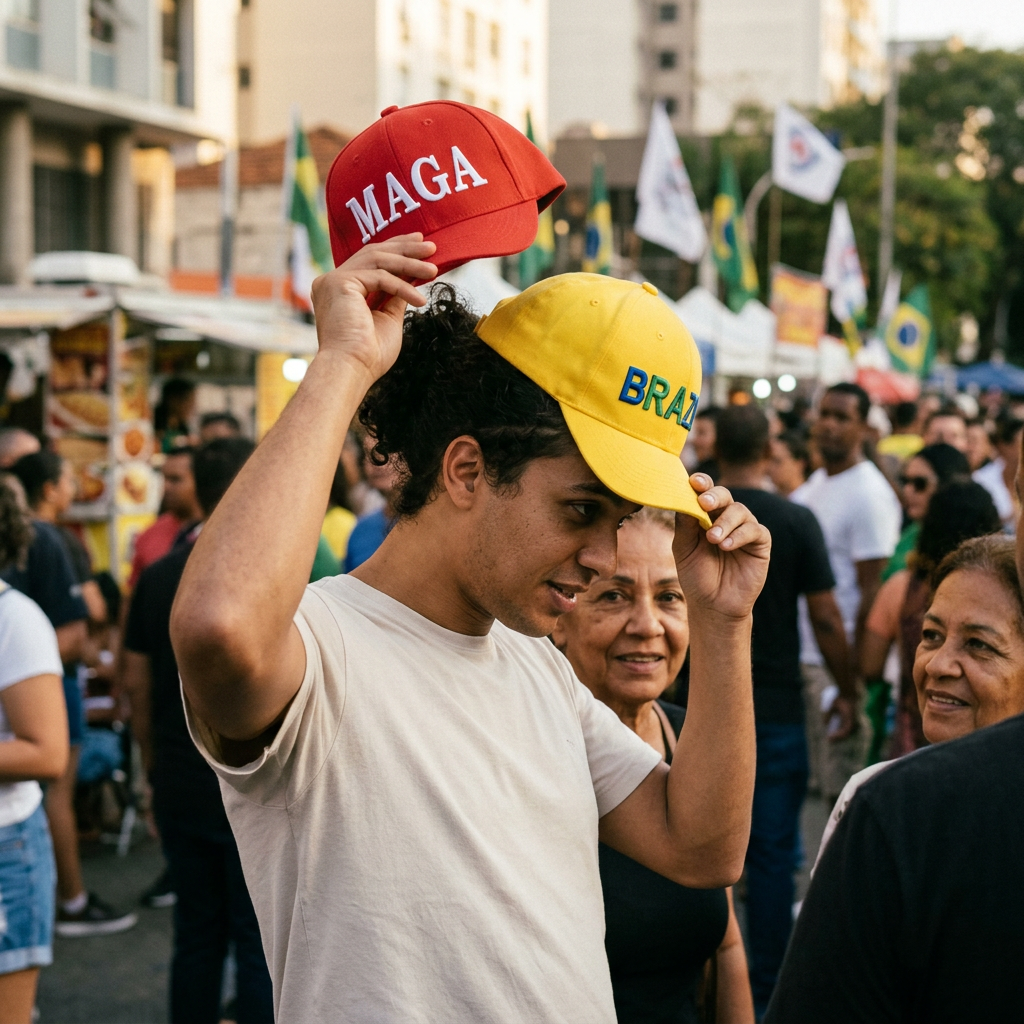 Person swapping MAGA hat for Brazil hat