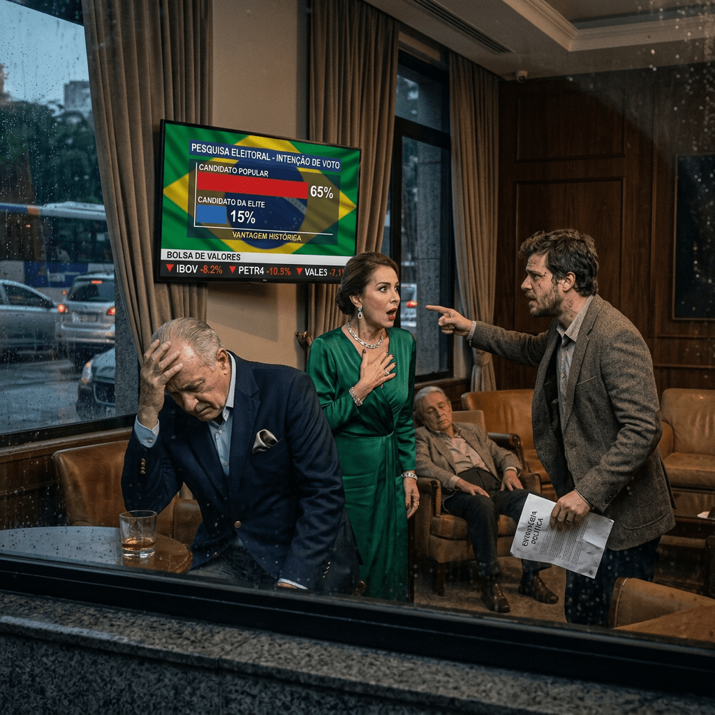 Three people in a tense political argument in a room with a TV showing election voting intentions