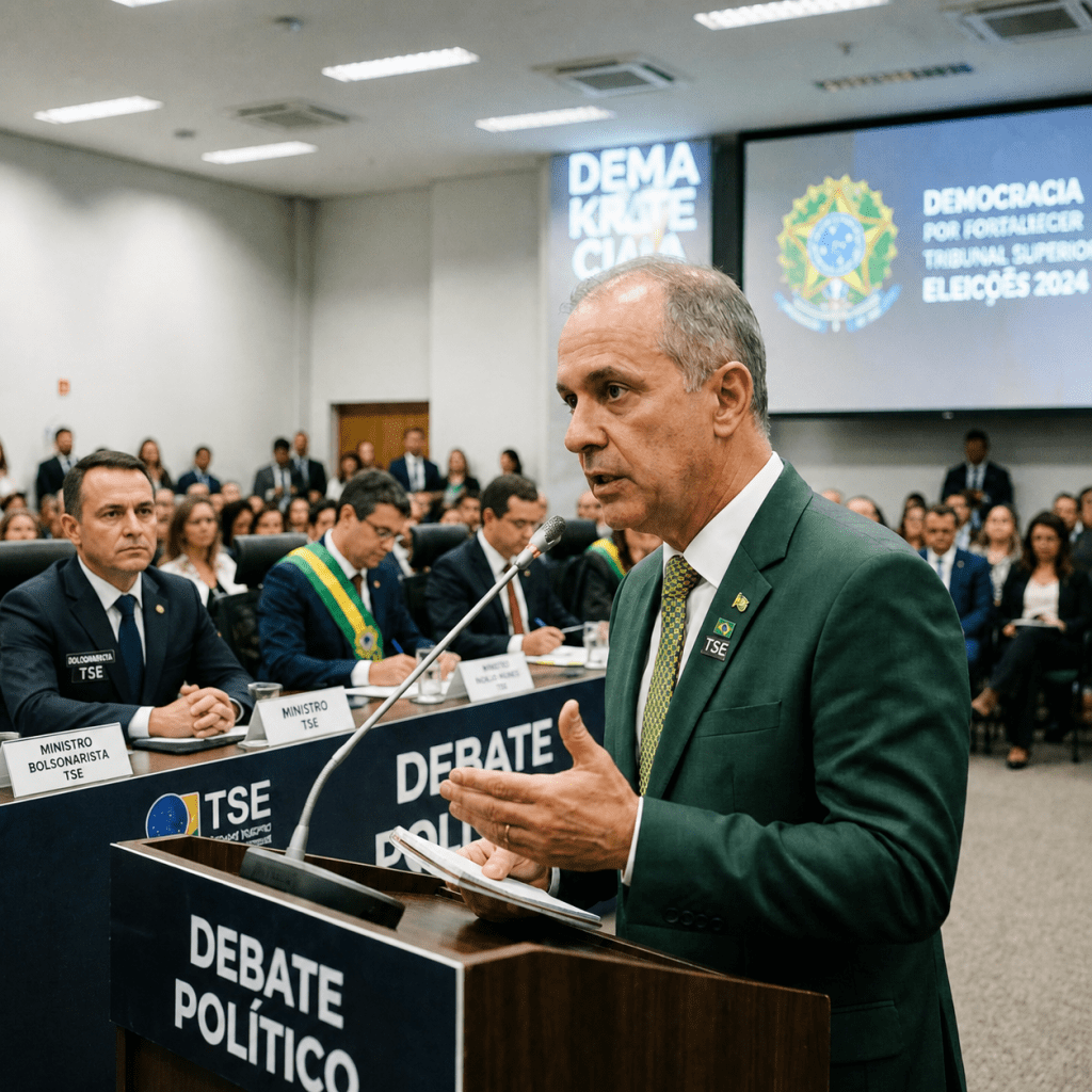 Man speaking at a podium labeled “DEBATE POLÍTICO” before officials wearing sashes marked “TSE.”