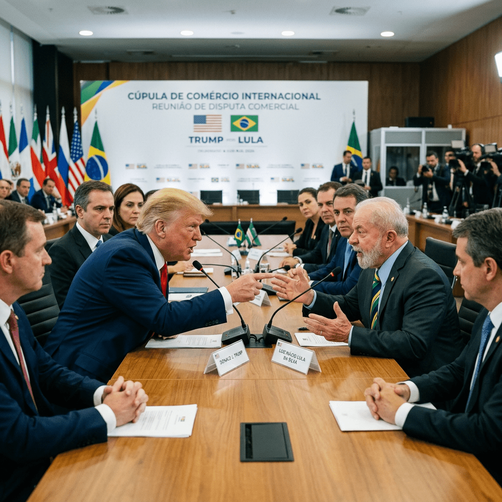 Trump and Lula speaking at an international trade summit table; backdrop reads “CÚPULA DE COMÉRCIO INTERNACIONAL” and “TRUMP LULA.”