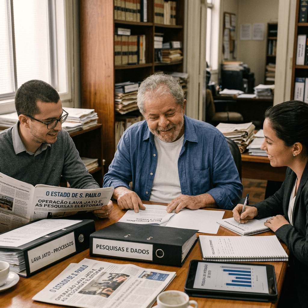 Three people reviewing Lava Jato documents, newspapers, binders, and a data chart