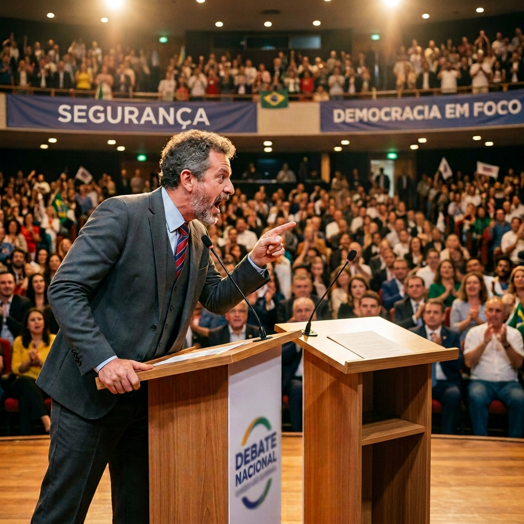 Two presidential candidates argue at podiums during Brazil's 2024 debate.