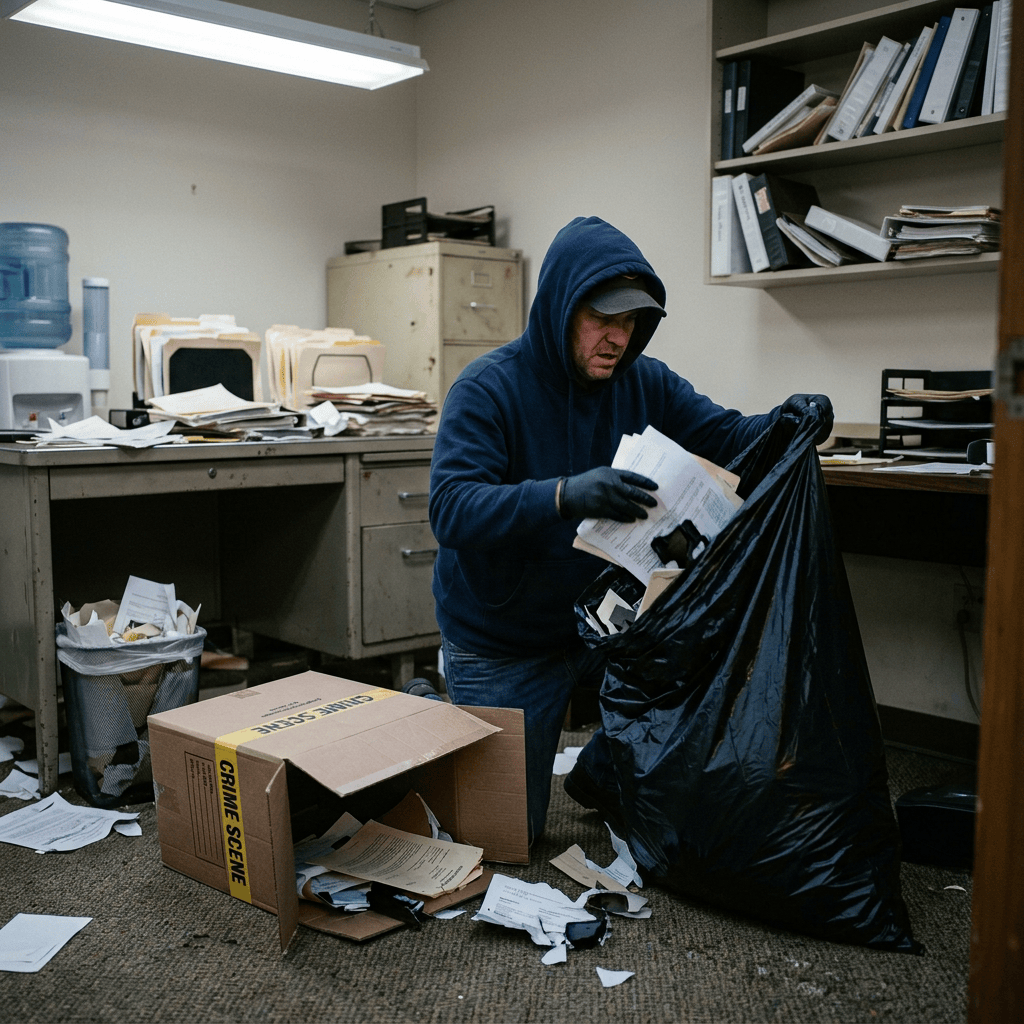 Person sorting papers beside a dumpster; box labeled "CRIME SCENE"